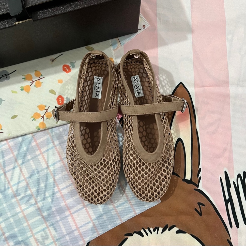 Alaia Beige Mesh Mary Jane Flats with Suede Trim